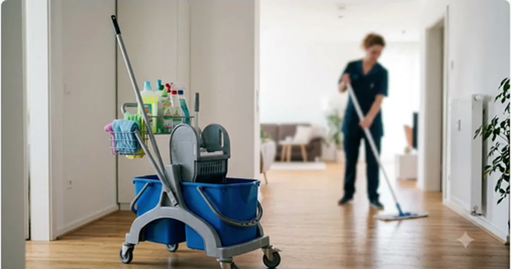 Reinigungskraft wischt einen hellen Wohnraum, daneben ein Reinigungswagen